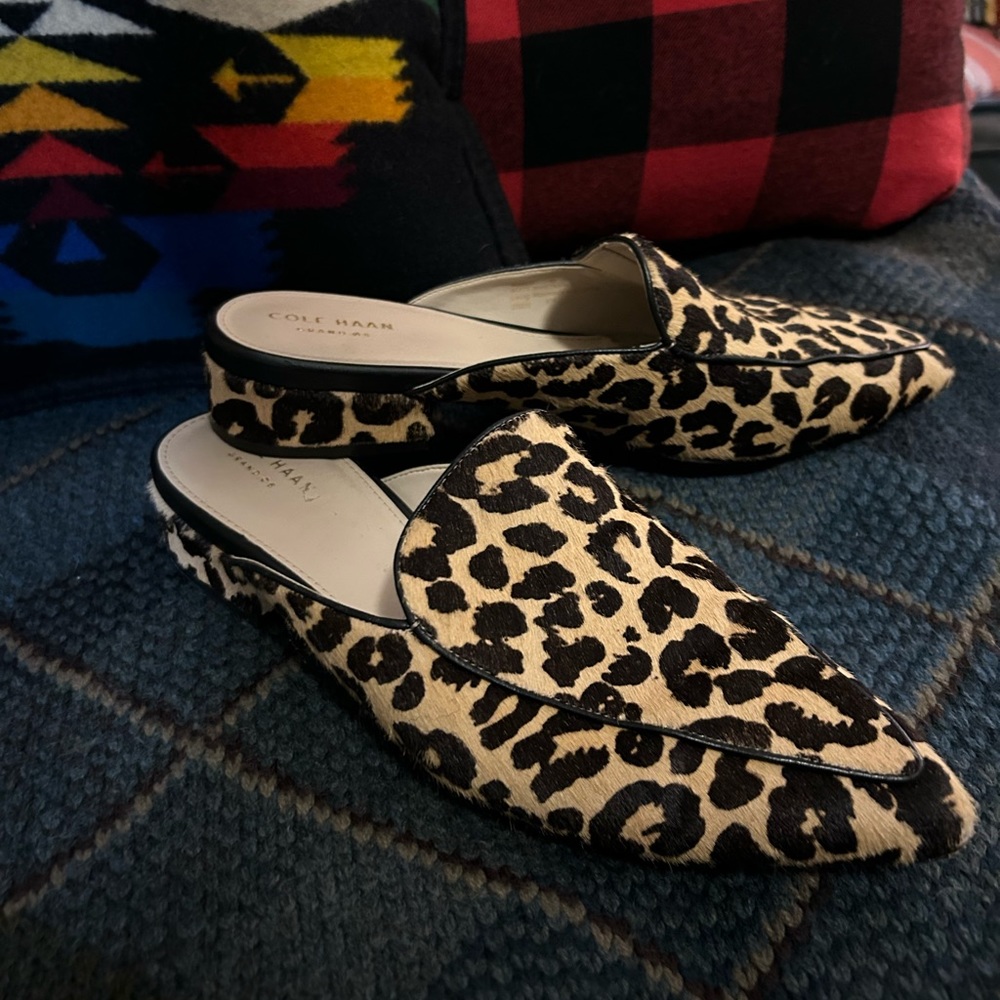 Cole Haan size 9 Piper ocelot leopard  Print Calf Hair Mules. EUC!